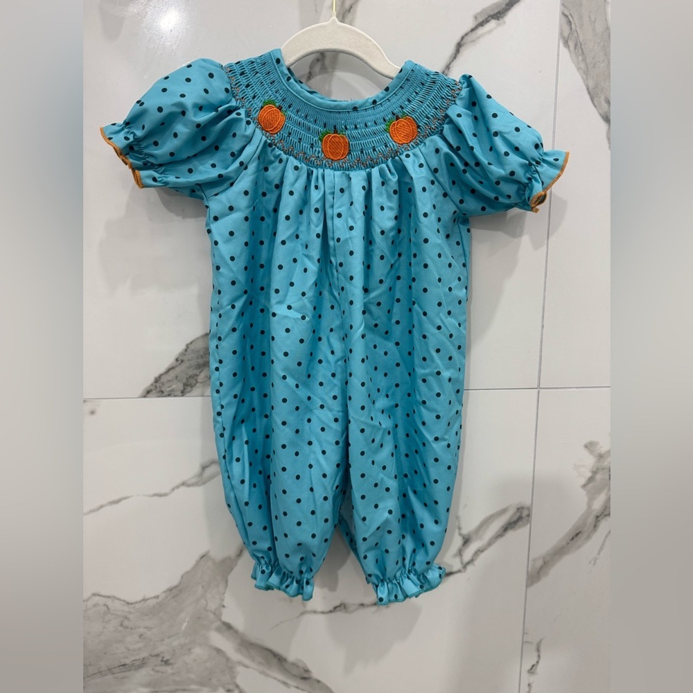 Blue Polka Dot Smocked Romper with Pumpkin Embroidery